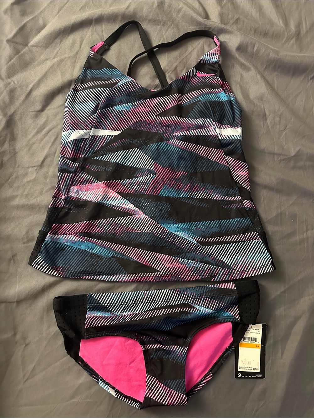 EUC Nike Black Tankini with Pink and Teal Diagonal Stripe Print by